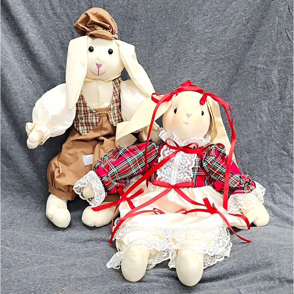 T.L. Toys 1992 Vintage Rabbit Plush Boy & Girl Doll Set 16-18" Approx